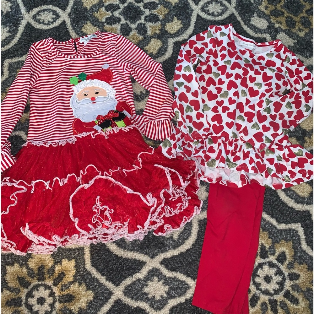 Holiday Lot - 1 dress, 1 outfit, 1 cardigan, and 2 long sleeve shirts.